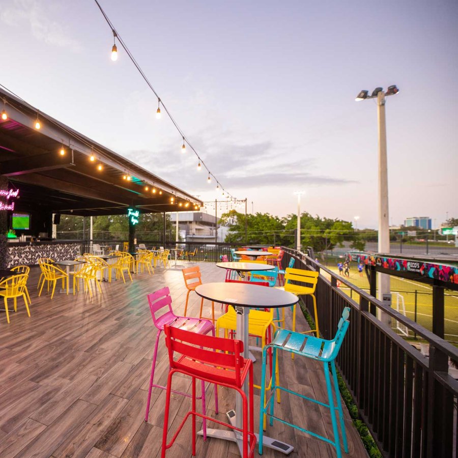 Rooftop bar at Eco's Sports Park, a modern, multi-sport facility in San Juan, Puerto Rico.