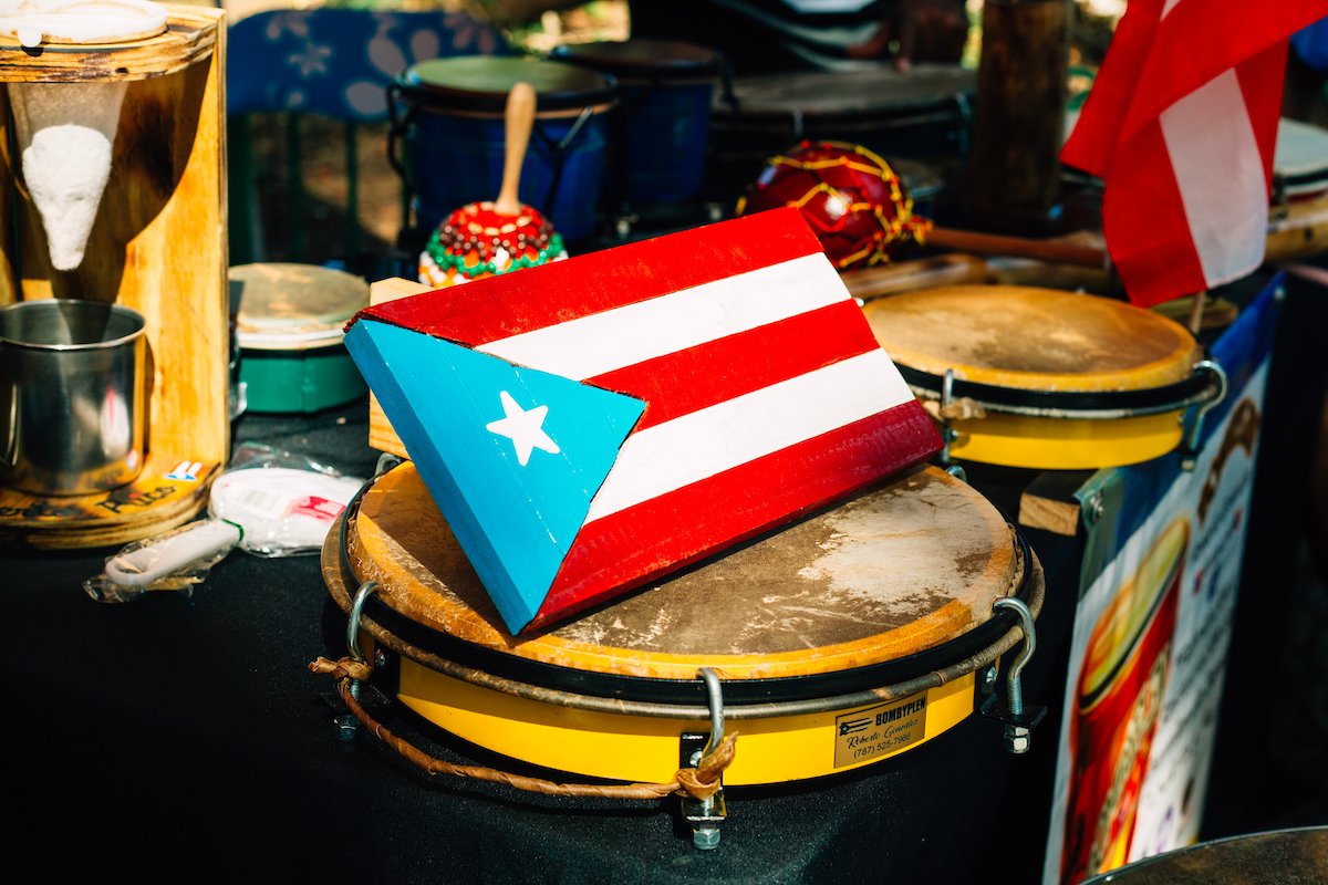 Puerto Rican flag and instruments.