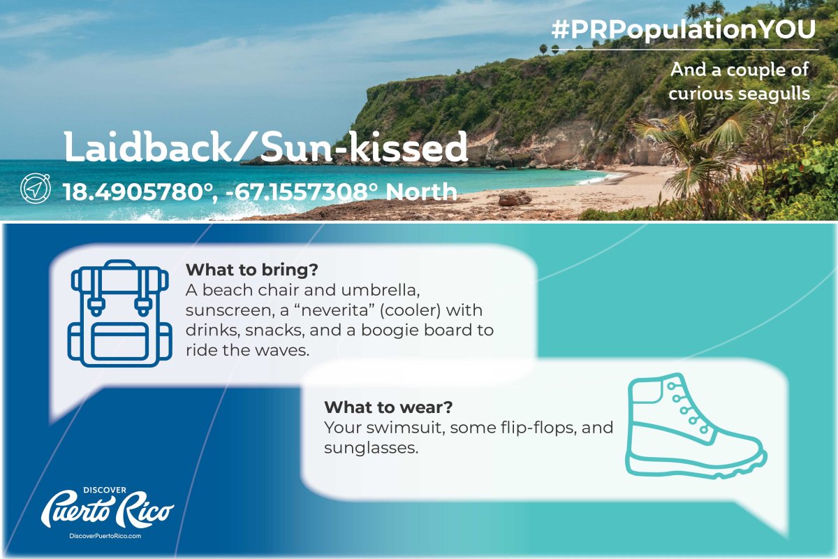 A design highlights a picture of Punta Borinquen beach in Aguadilla and recommends what to bring and wear to enjoy the location as part of Discover Puerto Rico's "Population You" campaign.