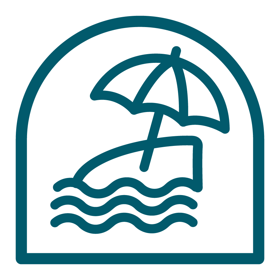 Icon of an umbrella at the beach to illustrate safety in water. 