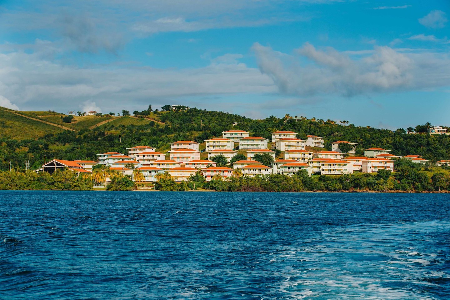 Looking back from a boat exiting the harbor, peaceful Culebra rests in the distance.