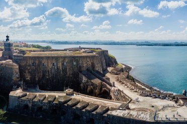 Aerial shot of El Morro fort on a sunny Puerto Rican day.