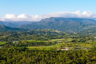 An aerial view of Puerto Rico's east region, including El Yunque National Forest and the surrounding area.