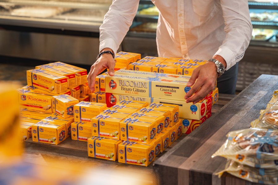 Boxes of Ricomini guava brazo gitano are stacked on a bakery counter in Mayagüez, Puerto Rico.