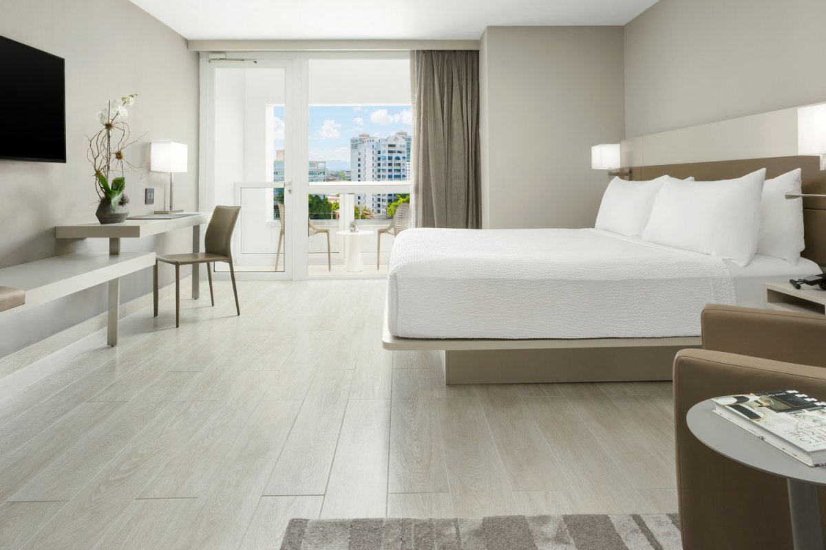 The sleek, modern design of the rooms at the AC hotel are a mix of clean lines and neutral tones.