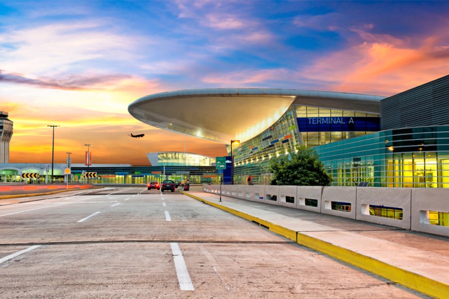 Modern terminal building at Luis Muñoz Marín International Airport near San Juan, Puerto Rico at sunset