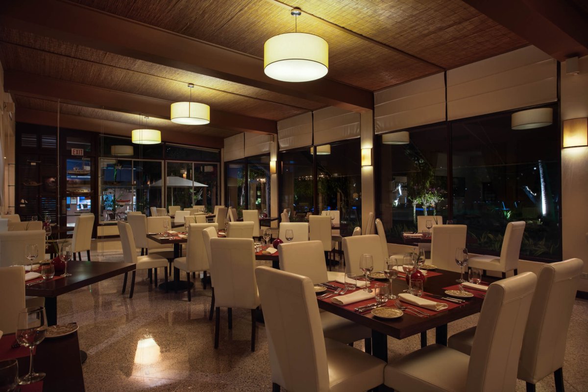 Interior nighttime view of Restaurant Alexandra. 