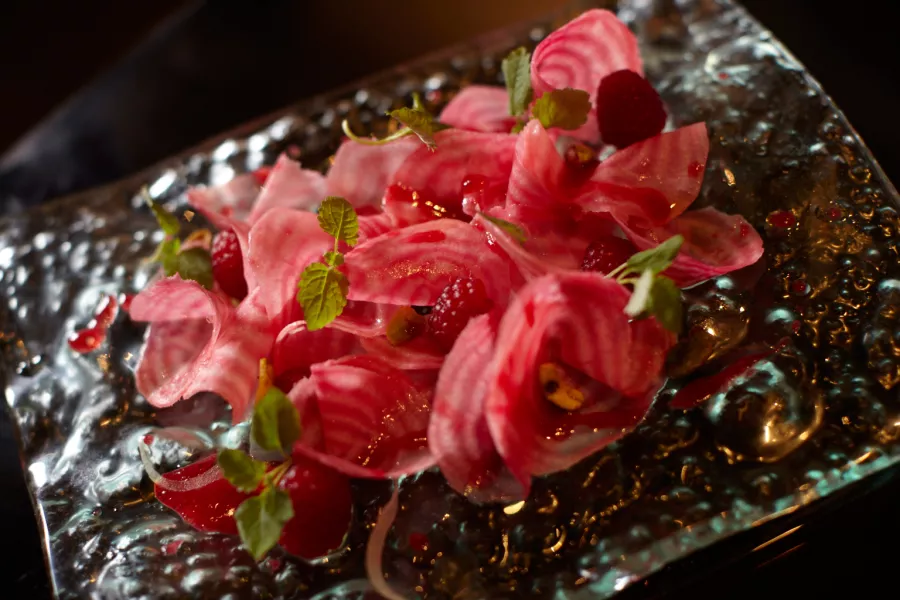 A vibrant, gourmet vegetable dish at Marmalade, one of the best restaurants in San Juan, Puerto Rico.
