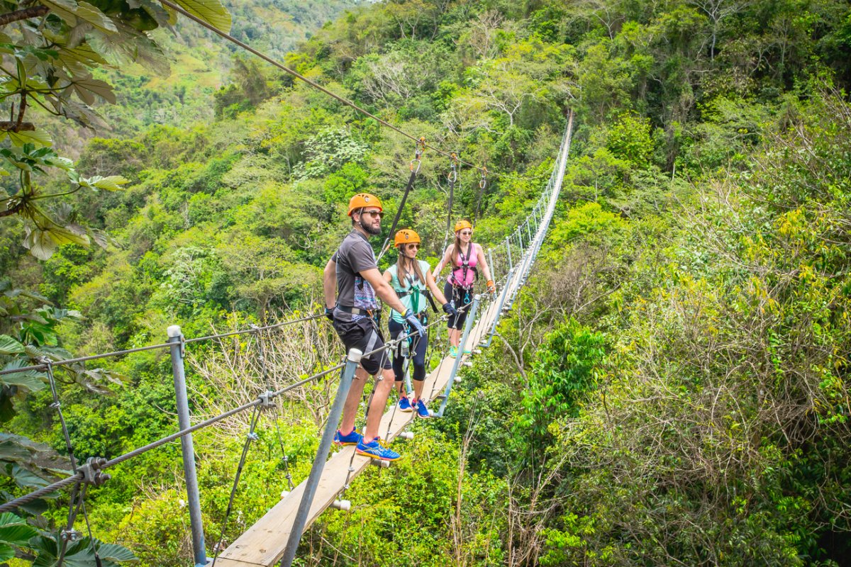 Three people stand on a suspended bridge above the forest at Toro Verde Adventure Park.