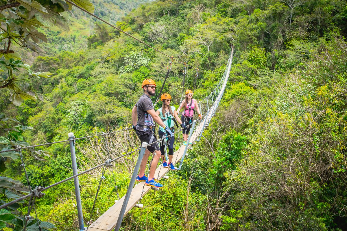A group of people stand on a suspended bridge at Toro Verde Nature Adventure Park.