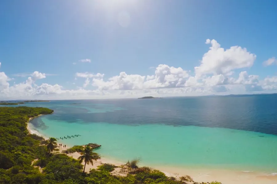 Aerial view of Icacos Island, a top spot for boat tours and snorkeling in Fajardo.