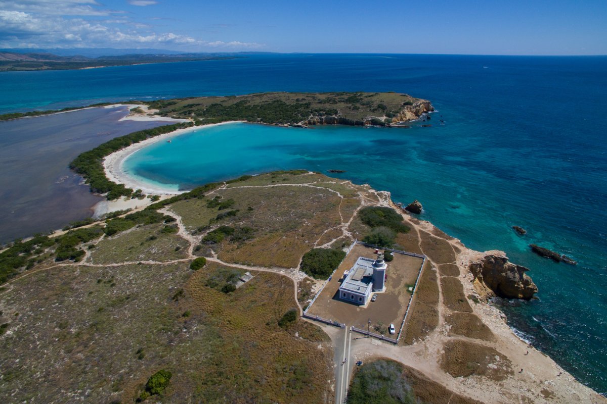 An aerial view of Los Morrillos Lighthouse and Cabo Rojo National Wildlife Refuge.