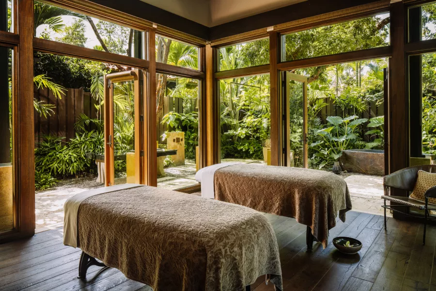 Massage tables in the open-air Spa Botánico, one of the best spas in Puerto Rico at Ritz-Carlton Dorado.