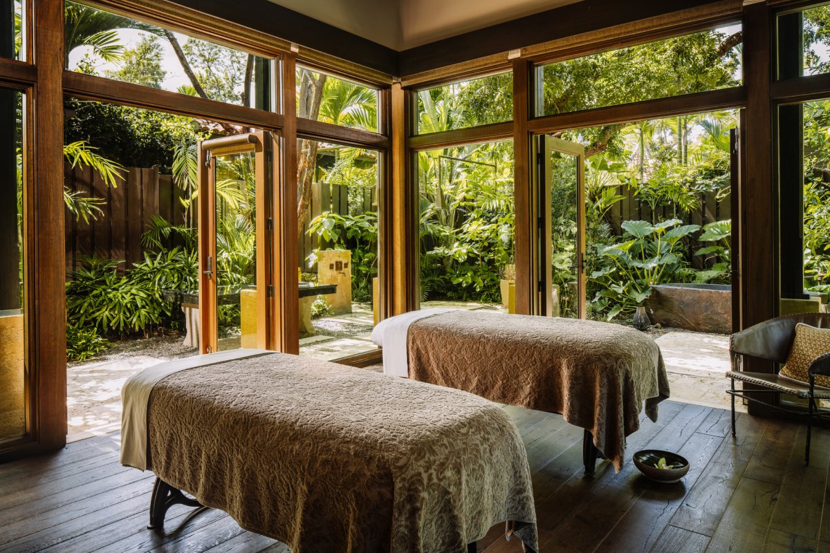 Side-by-side massage tables in the open-air Spa Botanico at the Ritz-Carlton Dorado.