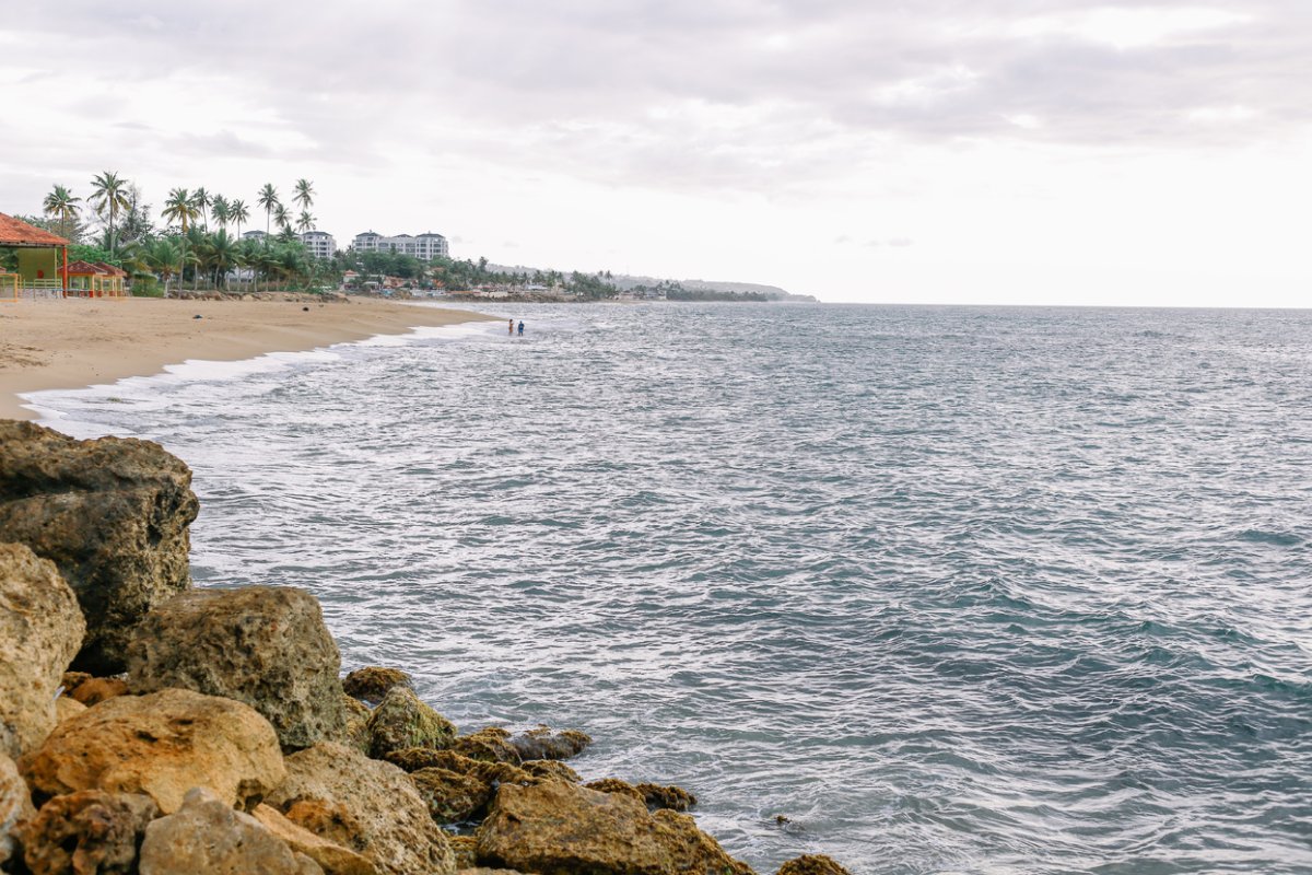 Rocas en primer plano con playa y océano que se extienden hacia atrás en la distancia