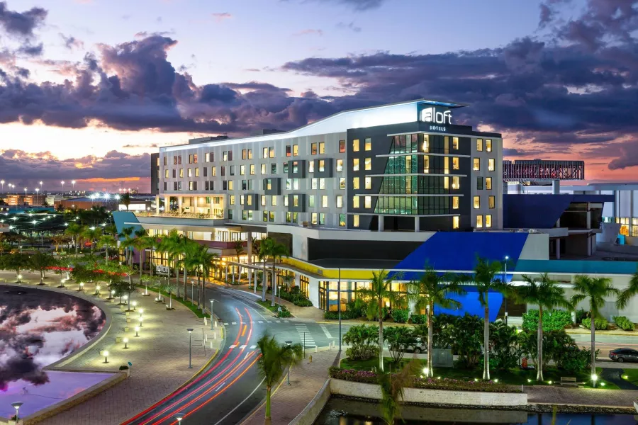 Exterior of Aloft Hotel at T-Mobile District in San Juan, Puerto Rico.