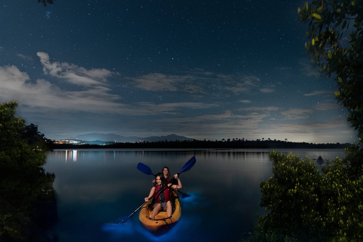 People are kayaking through Vieques' bioluminescent bay.