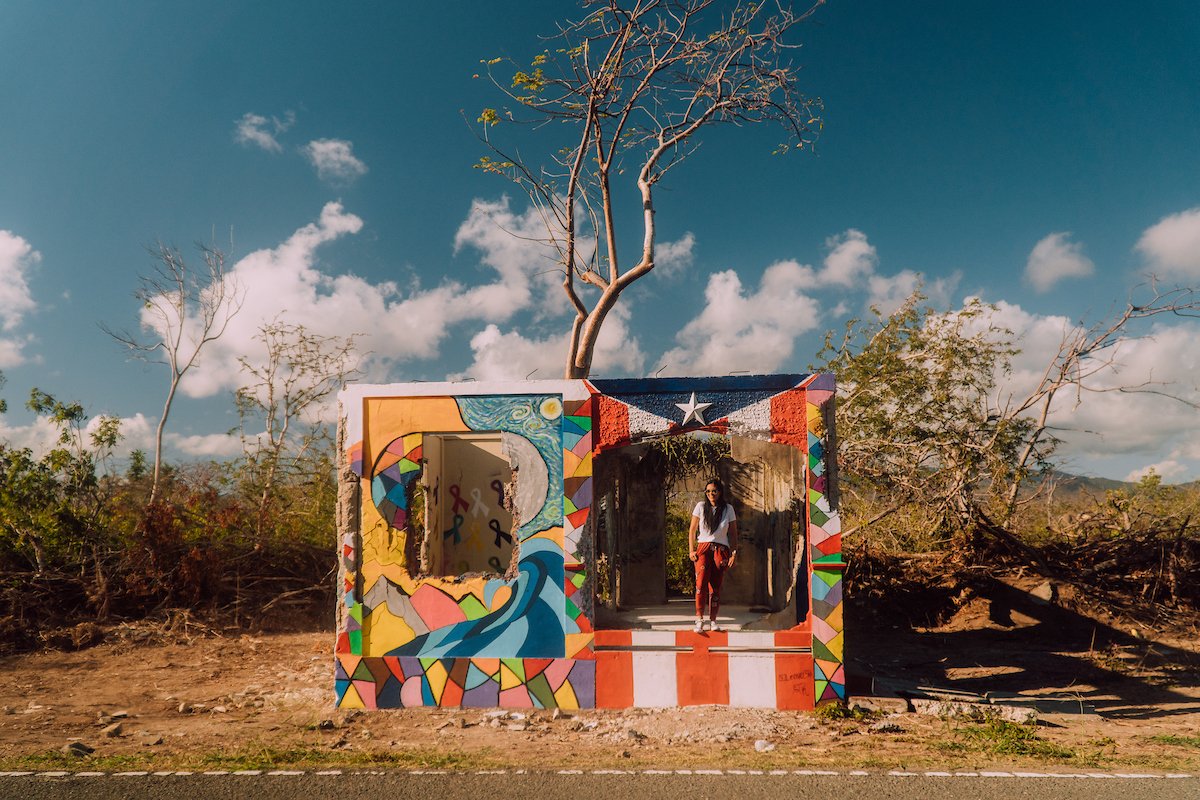 View of ruins with street art in Guayama.