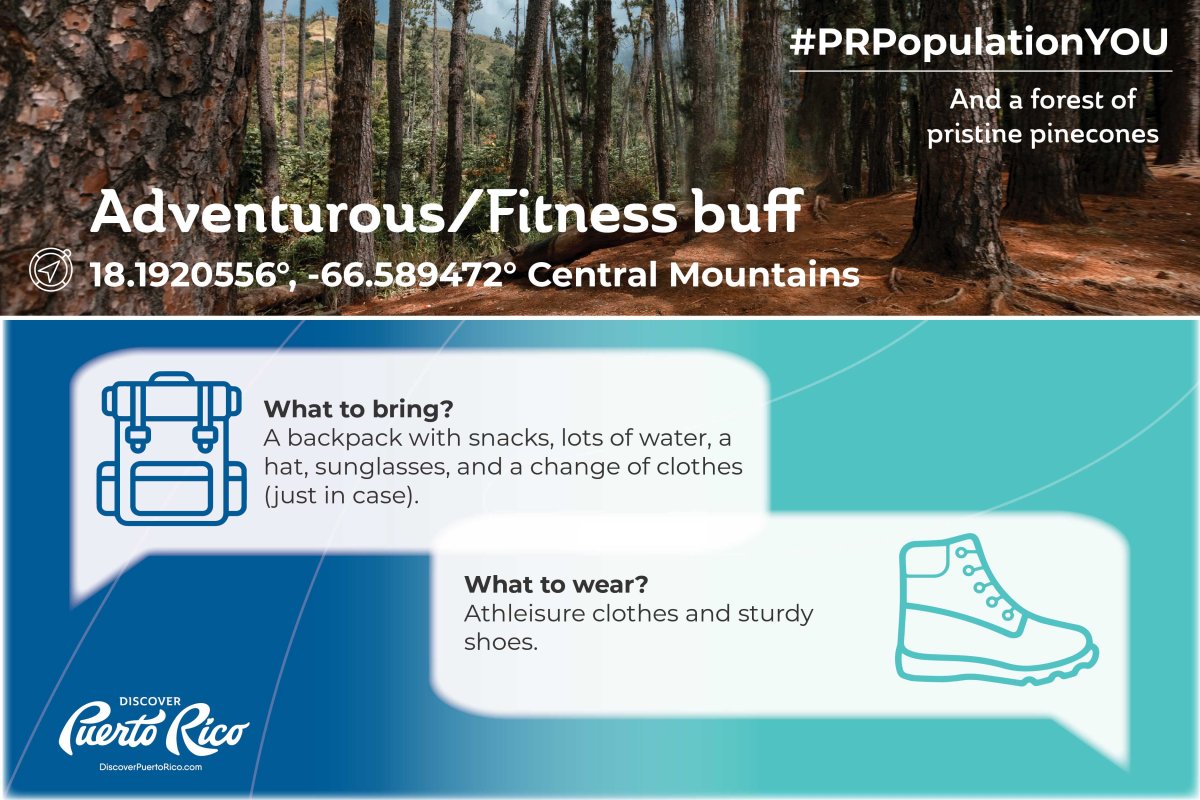 A design highlights a picture of the Bosque de Pinos in Jayuya and recommends what to bring and wear to enjoy the location as part of Discover Puerto Rico's "Population You" campaign.