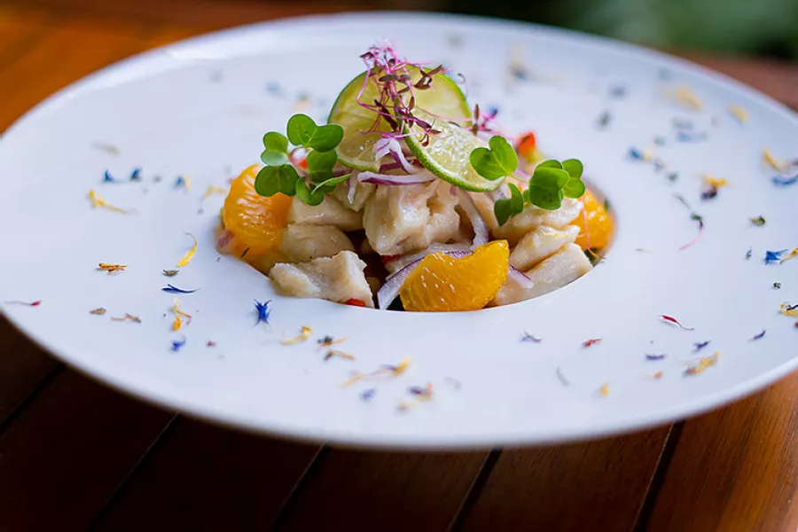 Ceviche on a white plate that's plated with small flowers on its rim. 