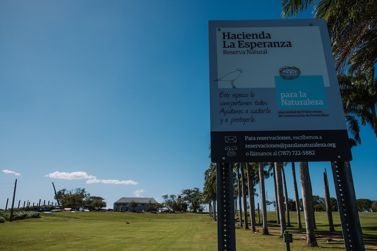 A sign in front of the entrance of Hacienda Esperanza in Manati.