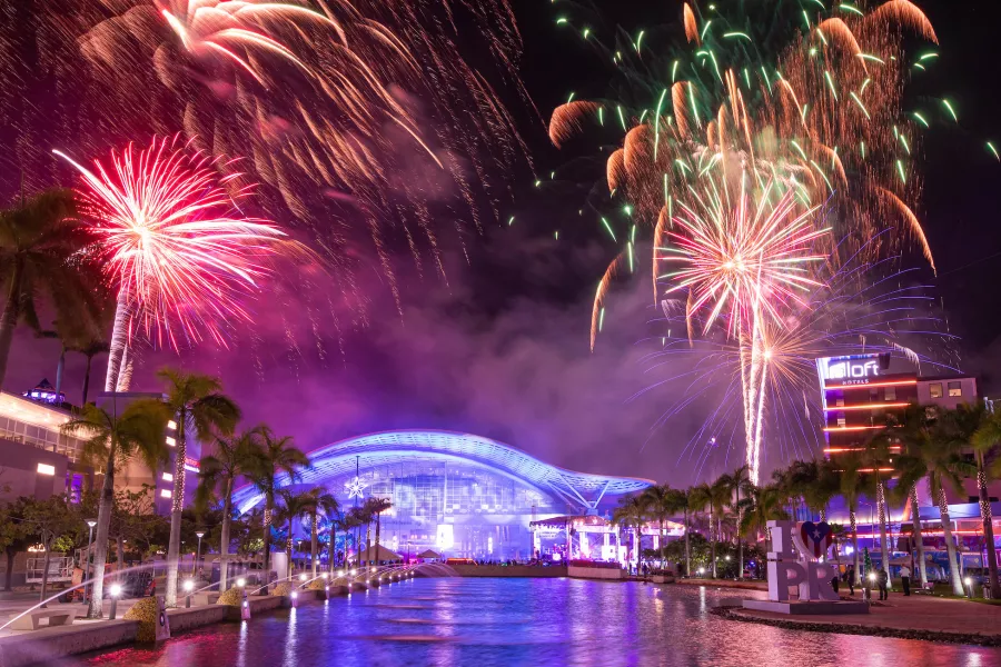 View of fireworks at the Puerto Rico Convention Center in San Juan.
