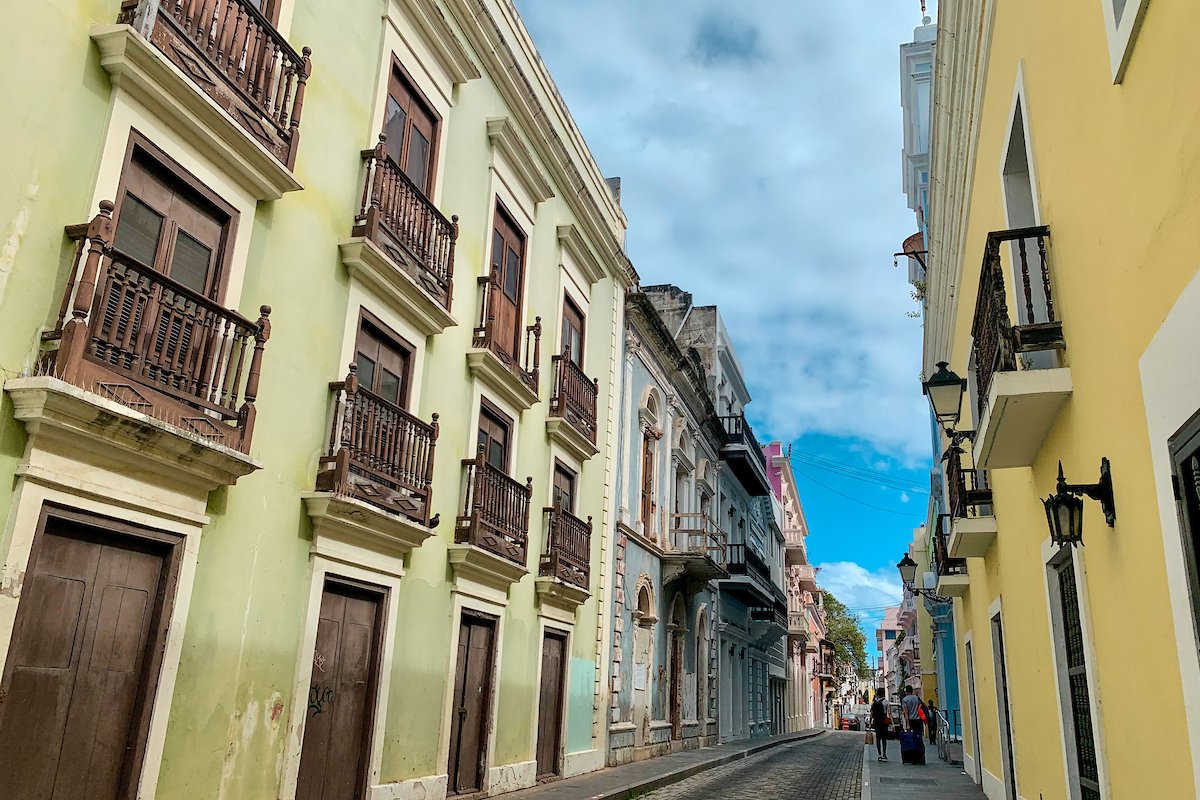 A narrow streetscape in Old San Juan, Puerto Rico