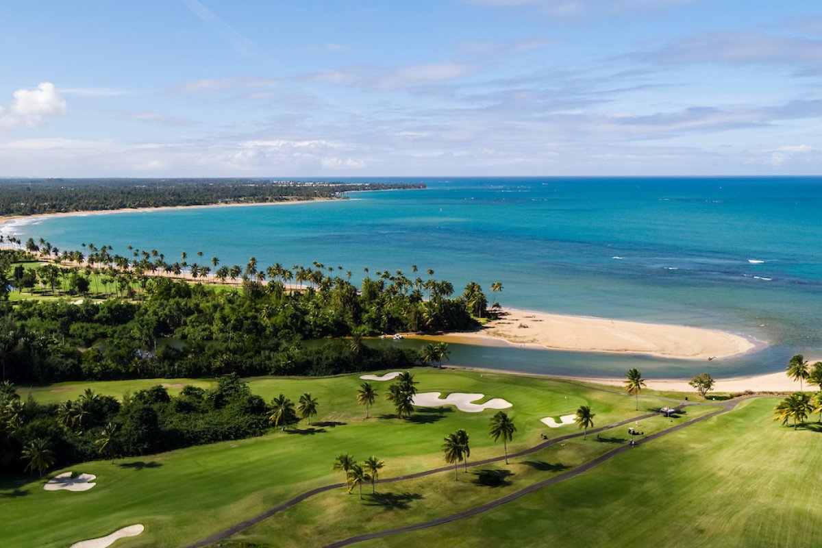 Aerial shot of the beach and golf course at Hyatt Regency Grand Reserve Puerto Rico