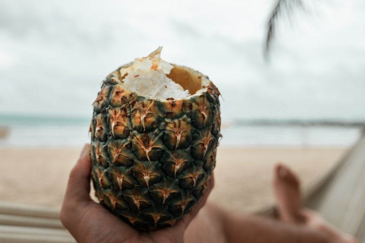 A person holding a pineapple while relaxing on a beach during Festival de la Piña Paradisíaca, a Puerto Rican festival.