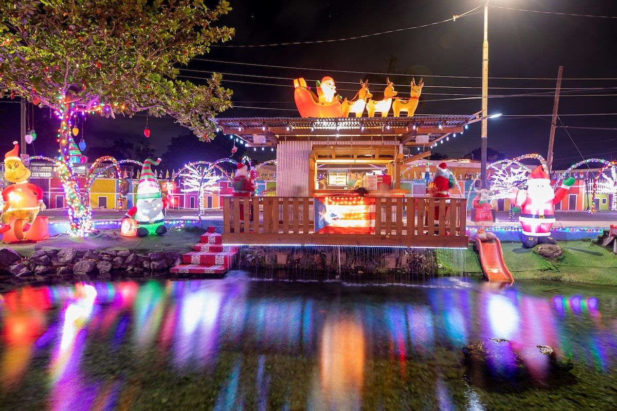 Christmas lights decorate a house in Puerto Rico