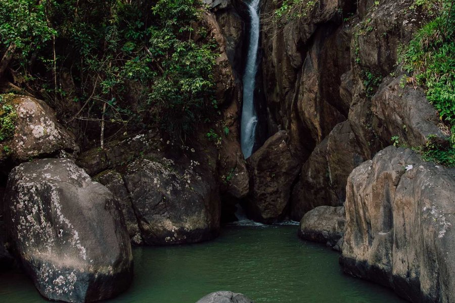 Rio Espíritu Santo waterfall spills into a lake surrounded by dense forest in El Yunque National Forest, Puerto Rico.