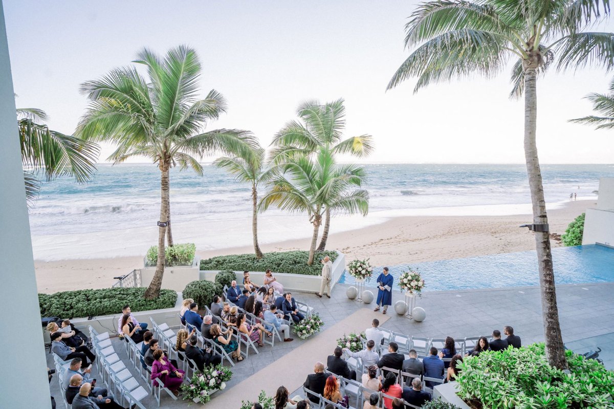 Overhead view of a beachside wedding at La Concha Renaissance Resort in San Juan, Puerto Rico.