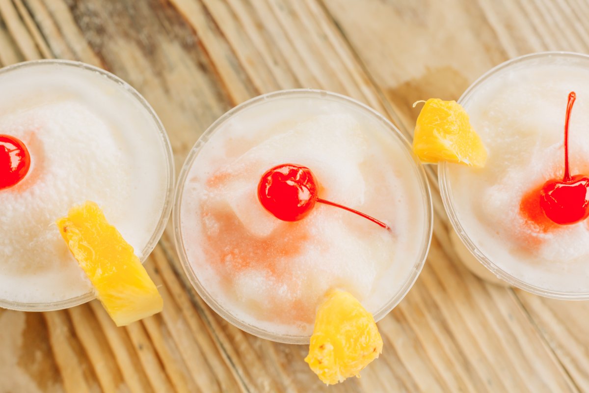 A slushie mocktail in Puerto Rico, complete with pineapple and cherries on top. 