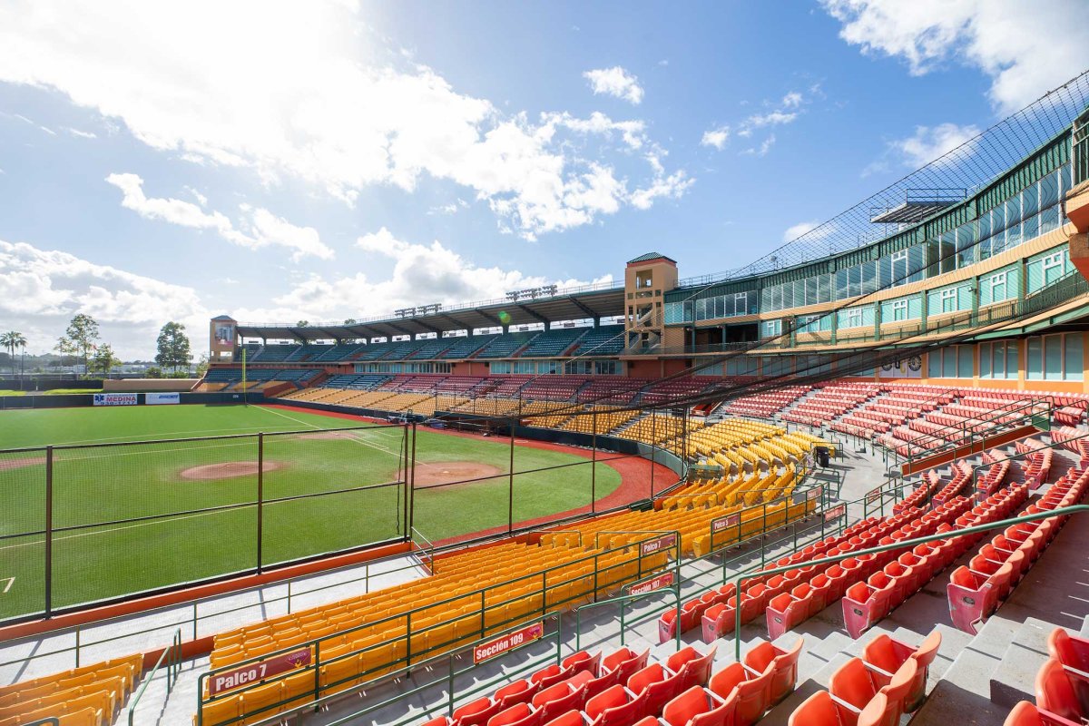 View of the baseball diamond with an empty stadium at Roberto Clemente Stadium in Carolina, Puerto Rico.