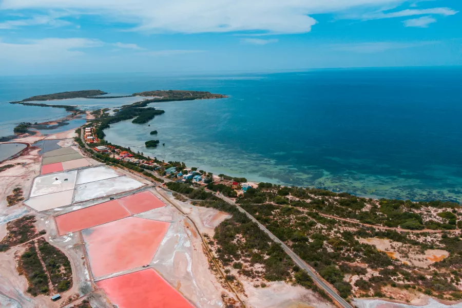 Panoramic view of hiking trails through the Cabo Rojo Salt Flats and pink lagoons in Puerto Rico.