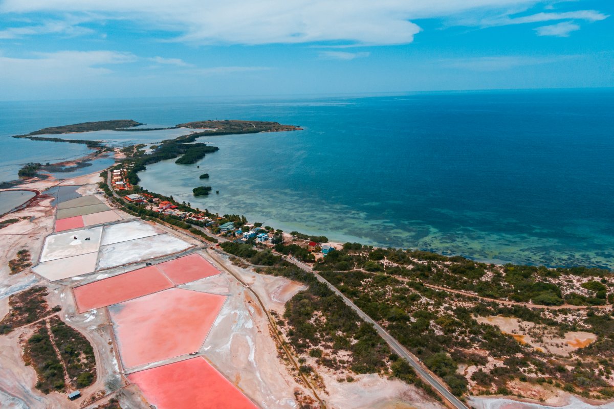 Panoramic view of hiking trails through the Cabo Rojo Salt Flats and pink lagoons in Puerto Rico.