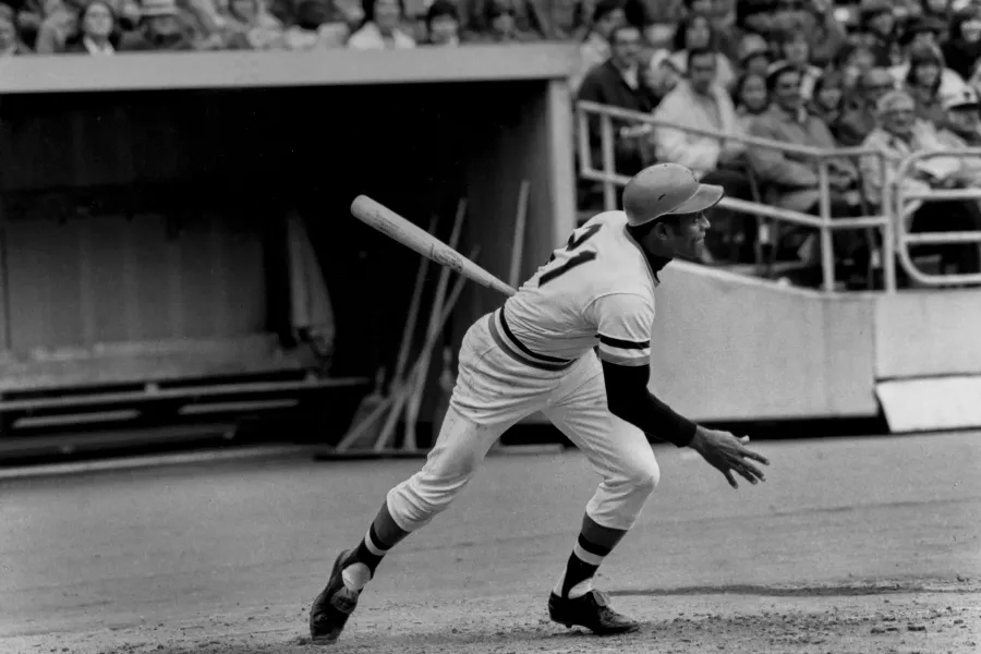 Roberto Clemente, famous Puerto Rican baseball player, at bat