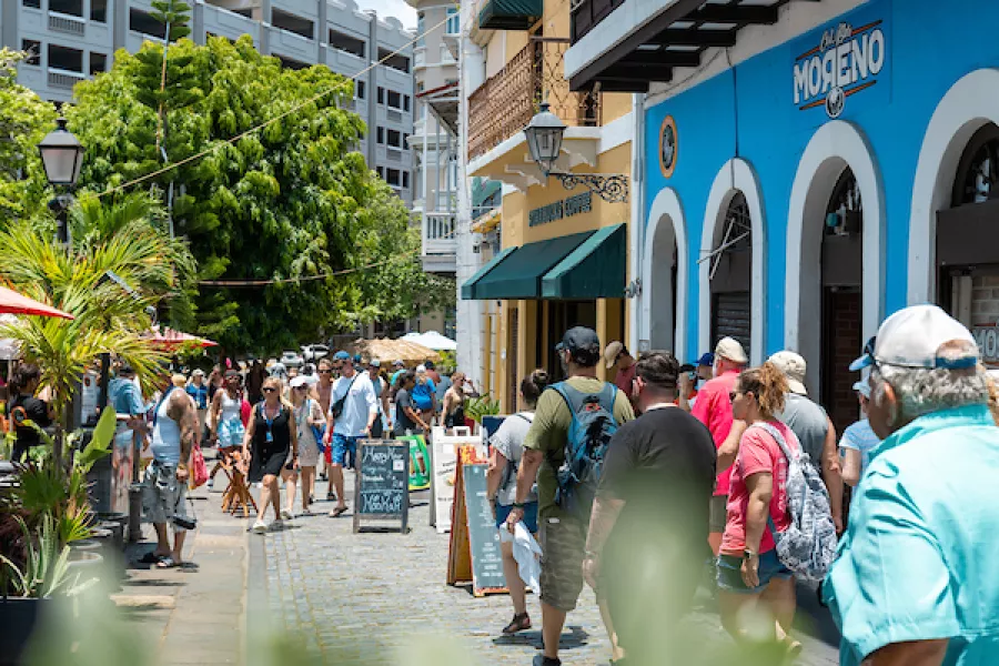 Colorful boutiques and souvenir shops in Old San Juan’s cruise port district.