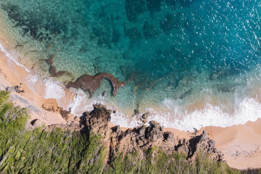 Aerial shot of a beach.
