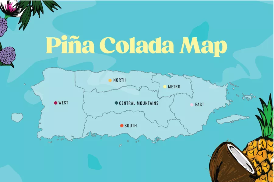 illustrative map of Puerto Rico decored with pina colada