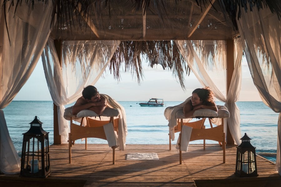 Couple in an outdoor spa.