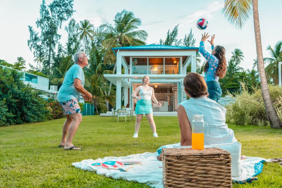 Family playing in the backyard.
