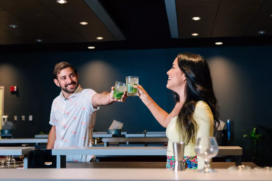Guests enjoy a mixology class experience at Casa BACARDÍ in Cataño.