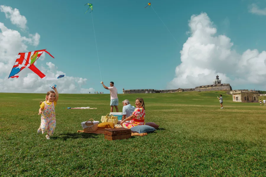 A family enjoys a sunny day flying kites on a wide green lawn near a historic coastal fort, with colorful kites in the sky and a picnic setup on the grass.