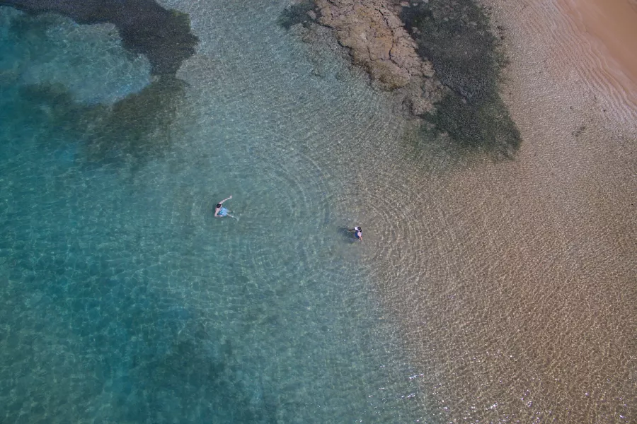 Aerial view of two people swimming in shallow, crystal-clear water along a sandy beach on Puerto Rico’s east coast.