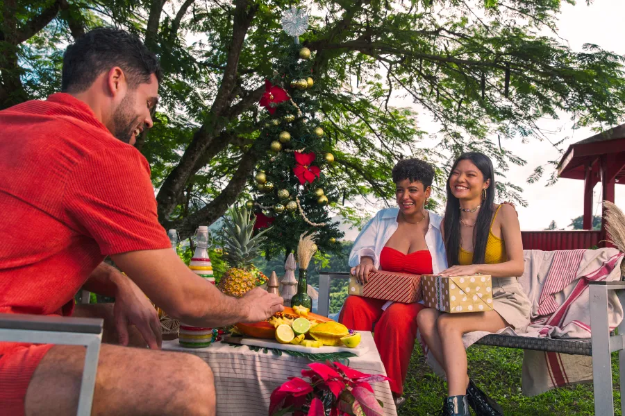 Tres personas se reúnen al aire libre junto a un árbol de Navidad decorado, con regalos envueltos y una mesa de frutas tropicales.
