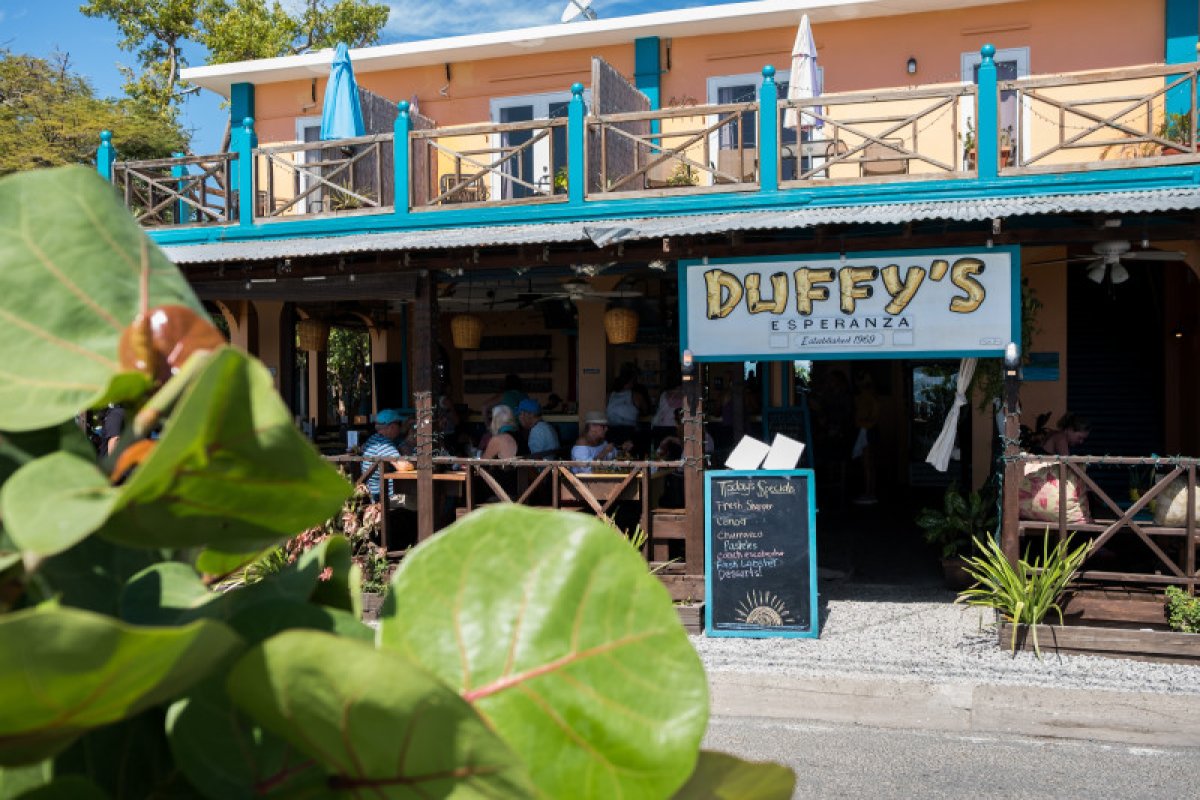 View of the front entrance to an open-air restaurant in Vieques. 