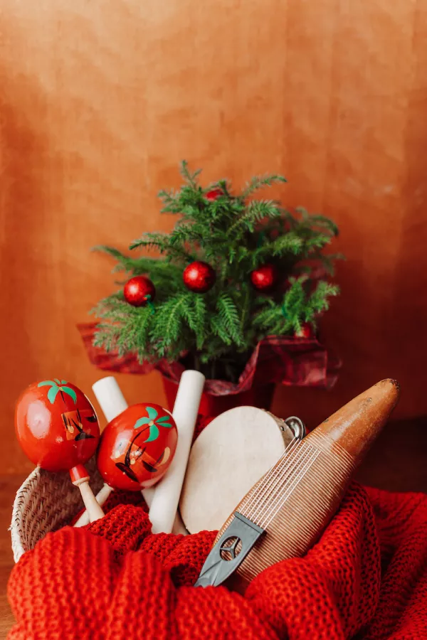 Main instruments used in a Christmas parranda: anderetas, güiro, palitos, maracas and tamboriles.