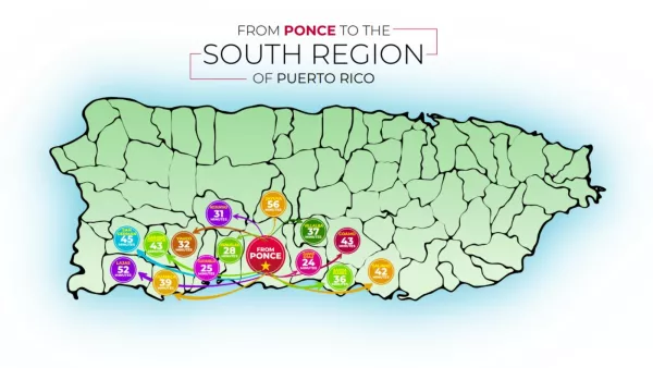 Map of Puerto Rico highlighting travel times from Ponce to various destinations in the southern region, including Adjuntas (31 min), Jayuya (56 min), Villalba (37 min), Coamo (43 min), Salinas (42 min), Santa Isabel (36 min), Juana Díaz (24 min), Guayanilla (25 min), Peñuelas (28 min), Yauco (32 min), Guánica (39 min), Lajas (52 min), San Germán (45 min), and Cabo Rojo (43 min). Title reads: 'From Ponce to the South Region of Puerto Rico'.