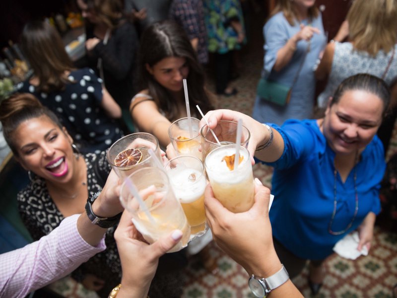 A group of friends toasts their drinks at a bar. 